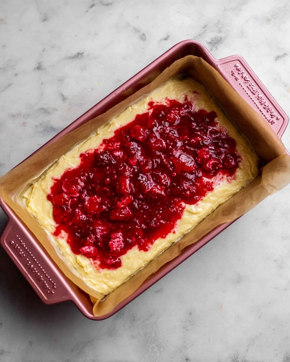 A rectangular pink metal baking pan lined with brown parchment paper holds two layers of dessert mixture. The bottom layer is pale yellow and creamy, spread evenly to cover the base of the pan. On top, a thick layer of bright red fruit jam with visible chunks is spread mostly in the center, leaving a small border of the yellow layer visible around the edges. The pan is placed on a white marbled surface. photo taken with an iphone --ar 4:5 --v 7