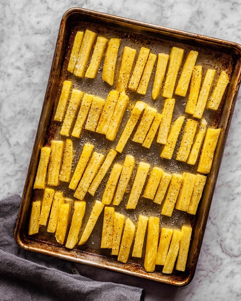 A white bowl lined with crumpled newspaper holds a stack of thick, golden-yellow fries sprinkled with black pepper. The fries have a crispy texture and are arranged unevenly, some leaning against the sides of the paper while others lie flat inside the bowl. In the top left corner, part of a white bowl with a creamy sauce topped with small green herb pieces is visible. The background features a soft gray textured cloth and a white marbled surface. photo taken with an iphone --ar 4:5 --v 7