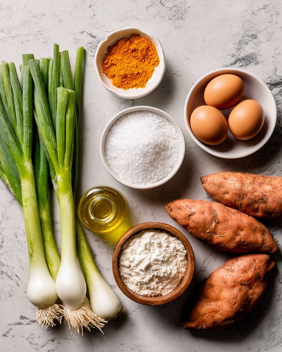 The image shows eight ingredients placed separately on a white marbled surface. On the left, there are six fresh green onions with white bulbs and green stalks lying horizontally. Next to them, in a small white bowl, there is a bright orange-yellow spice powder. Below that, there is a small glass bottle filled with golden oil. In the center, there is a small white bowl filled with coarse white salt. To its right, a white bowl holds two brown eggs. On the bottom right, three sweet potatoes with rough orange skin are arranged in a loose cluster. In the bottom center, a small wooden bowl is filled with white flour. Photo taken with an iphone --ar 4:5 --v 7
