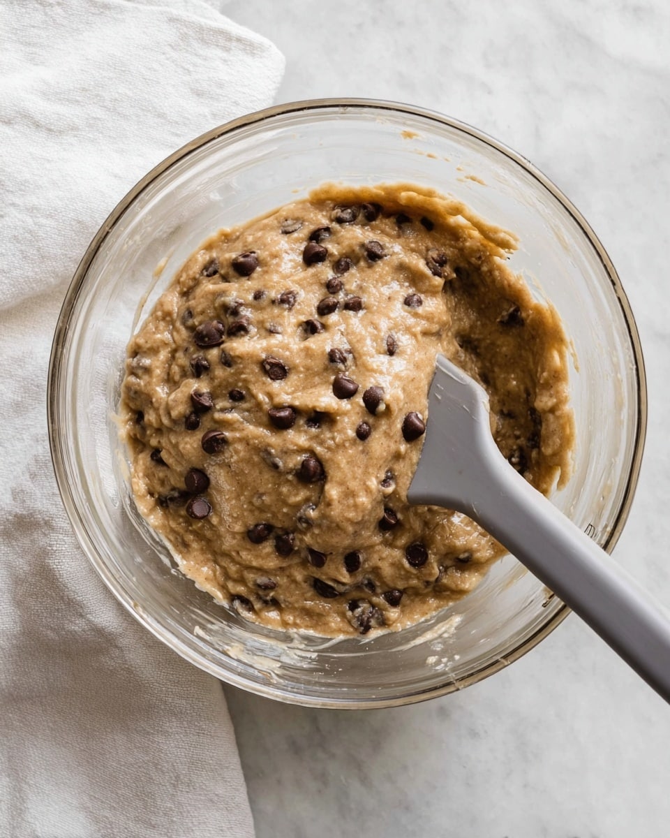 A clear glass bowl sits on a white marbled surface with a soft white cloth underneath. Inside the bowl is a thick, light brown batter filled with dark chocolate chips scattered throughout. A gray spatula rests inside the bowl, partially submerged in the batter, with its edge smoothing the mixture. The batter has a slightly rough texture and looks dense but moist. photo taken with an iphone --ar 4:5 --v 7