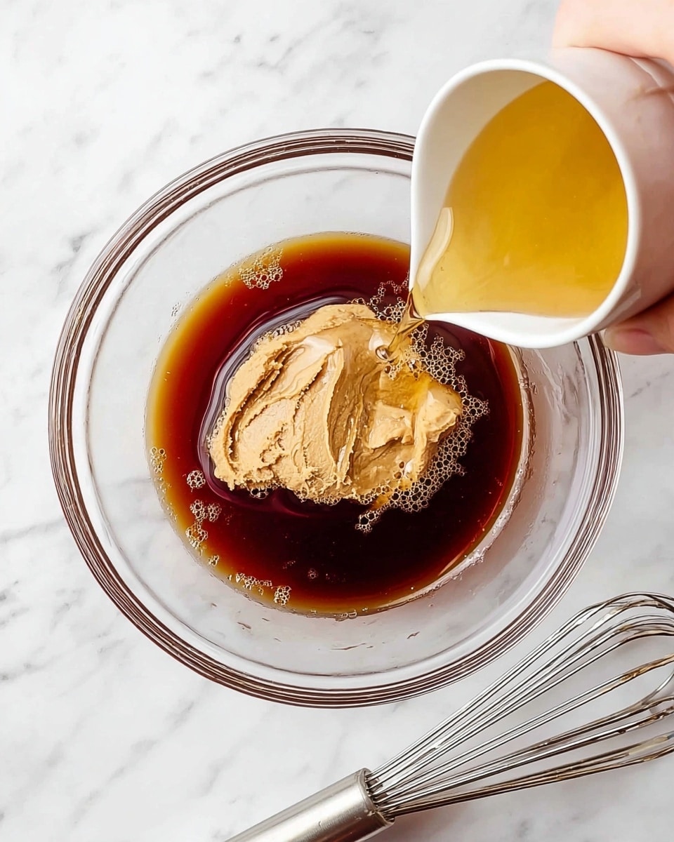 A clear glass bowl sits on a white marbled surface, filled with a dark brown liquid layer at the bottom. On top of this liquid, there is a thick beige paste sitting in the center with a smaller amount spread around it. From the top right, a white cup held by a woman's hand pours a light golden liquid over the paste and dark brown layer, creating a mix of colors and slight bubbles. A metal whisk with a cylindrical handle rests diagonally on the marbled surface at the bottom right beside the bowl. Photo taken with an iphone --ar 4:5 --v 7