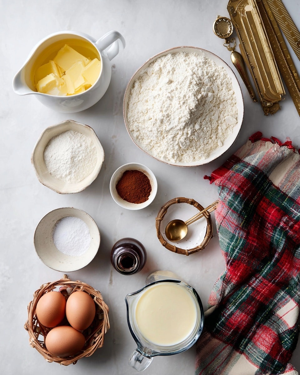 The image shows eight items arranged on a white marbled surface: in the top right, a large white bowl filled with white flour with some texture on top; next to it on the left is a white pitcher filled with melted yellow butter; below the butter is a small white bowl with brown powder and a small golden measuring spoon; beneath that, a small empty white bowl; to the left of that is a small white bowl with white powder; to the right, a small woven basket holding two brown eggs; below the basket, a dark brown glass bottle with a black cap; and at the bottom, a clear glass measuring cup filled with creamy off-white liquid, resting partly on a plaid cloth in red, green, and cream colors. Gold measuring spoons and a gold ruler are seen stacked near the upper right. Photo taken with an iphone --ar 4:5 --v 7