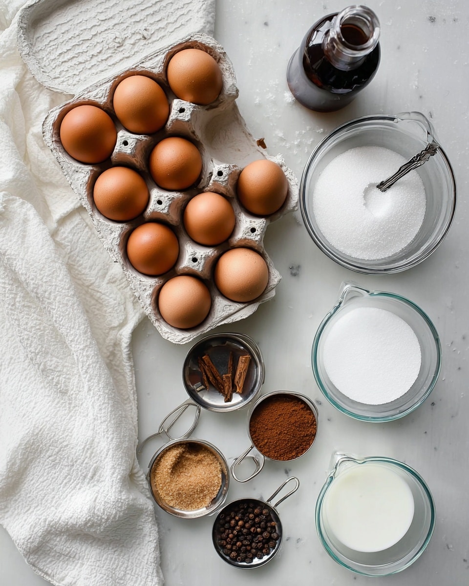 A carton of twelve brown eggs is placed diagonally on a white marbled surface with a set of metal measuring cups filled with white sugar and brown sugar on the right side. There is a dark bottle beside the cups, likely vanilla extract. Two clear glass bowls at the bottom hold ground spices and whole cloves, arranged in a small triangle. On the right side, there are two clear glass measuring cups filled with white liquid, one of which is partially cropped. A white cloth is partially visible on the bottom left corner. The setup looks clean and organized, with natural light highlighting the colors and textures of the ingredients. photo taken with an iphone --ar 4:5 --v 7