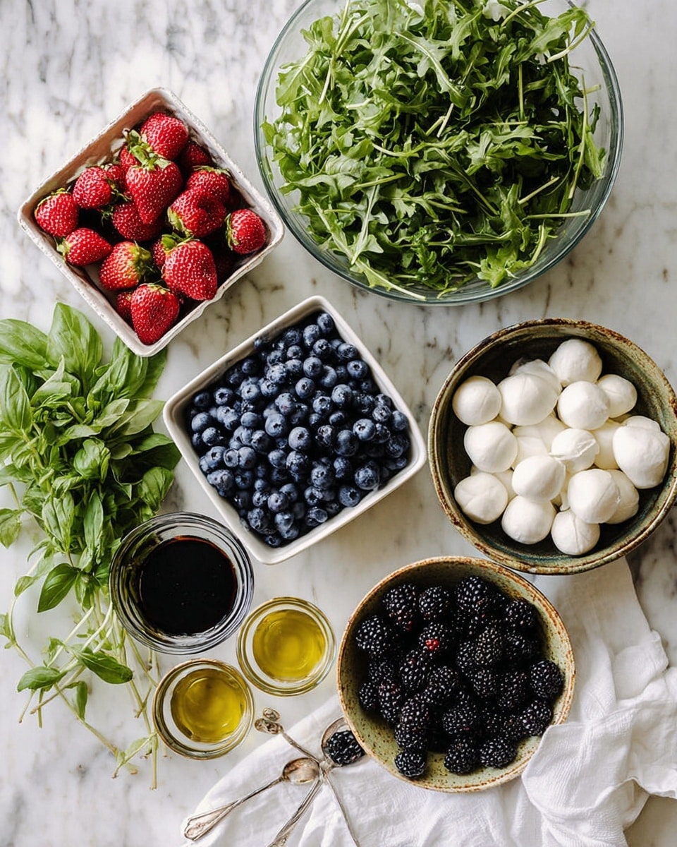 The image shows a top-down view of various fresh ingredients placed on a white marbled surface. At the top right, there is a large clear glass bowl filled with green arugula leaves. Below it, on the right side, there are two rustic bowls, one filled with black blackberries and the other with white small mozzarella balls. In the center, a dark bowl holds many blue blueberries. On the left side, a square white basket contains bright red strawberries. Below that, two small clear glasses hold dark balsamic vinegar and golden olive oil, each with a spoon inside. Fresh green herbs like basil and mint rest on the white marbled surface near the berries. A white cloth is placed at the bottom of the frame. The photo taken with an iphone --ar 4:5 --v 7
