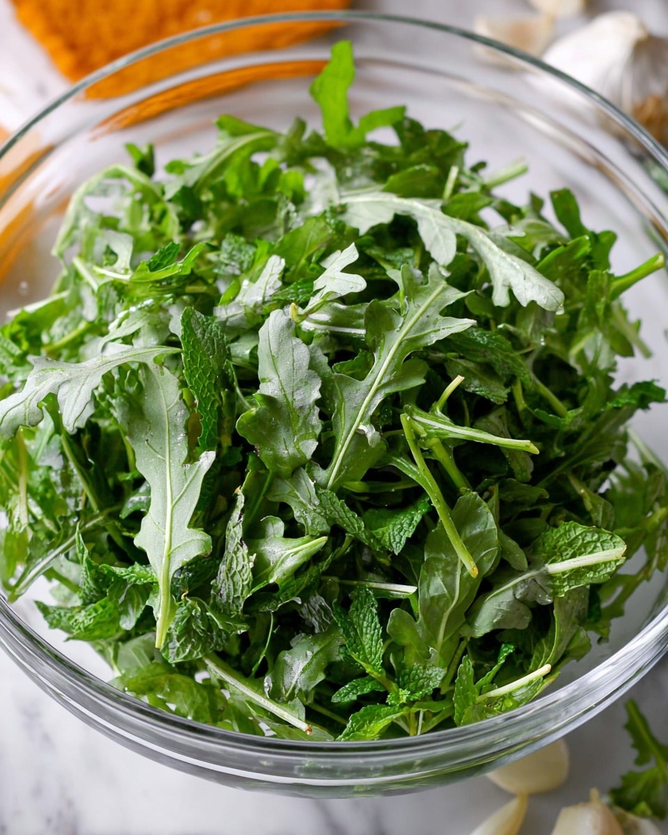A clear glass bowl filled with a mix of fresh green leaves including arugula, mint, and other leafy herbs, showing different shades of green from light to dark with visible textures like jagged and smooth edges. The bowl rests on a white marbled surface. In the background, there is a blurred orange element on the left and part of white garlic cloves on the bottom right. Photo taken with an iphone --ar 4:5 --v 7