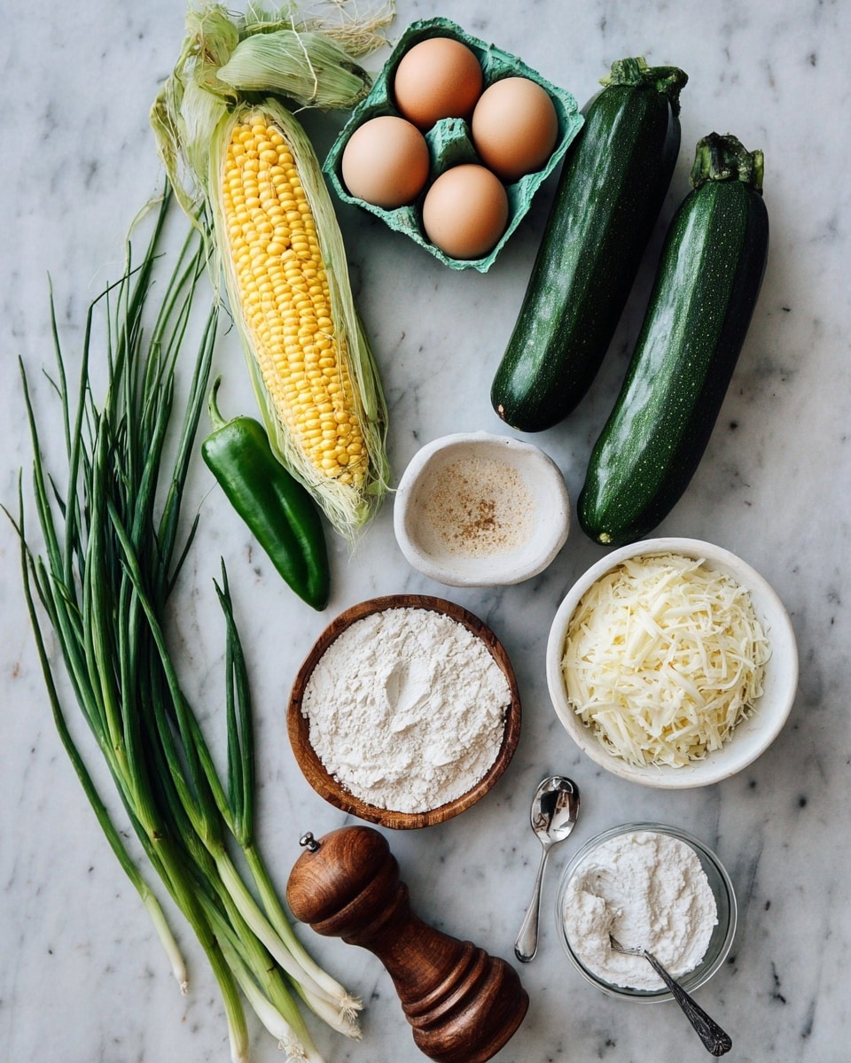 A white marbled surface holds fresh cooking ingredients arranged neatly: at the top left is half an ear of yellow corn with some green husk still on, next to two brown eggs and a small green carton. To the right are two dark green zucchinis placed side by side. Below, a bundle of long green chives is on the left, a single green pepper near the center, and three green onions with white bulbs on the lower right. Two white bowls hold shredded white cheese on the right and a heap of white flour on the left. Near the cheese bowl is a small glass container with a light brown powder. In the front, there is a wooden bowl with coarse salt and a silver spoon inside, next to a wooden pepper grinder. photo taken with an iphone --ar 4:5 --v 7