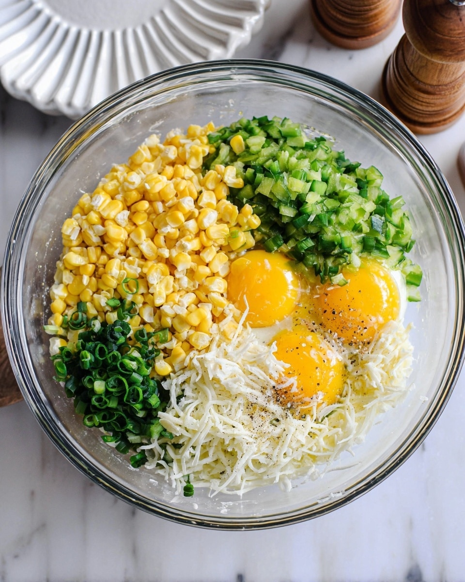 A clear glass mixing bowl holds a colorful mix of ingredients on a white marbled surface. Inside the bowl, there are five main layers: bright yellow corn kernels on the left, finely chopped green peppers at the top center, two whole raw eggs with deep yellow yolks on the right, shredded white cheese at the bottom center, and finely chopped green onions at the bottom left. The ingredients are arranged so each color stands out in a circle, with some ground black pepper sprinkled lightly over the cheese. The scene includes part of a white dish with ridges on the left and a wooden pepper grinder at the top right. Photo taken with an iphone --ar 4:5 --v 7