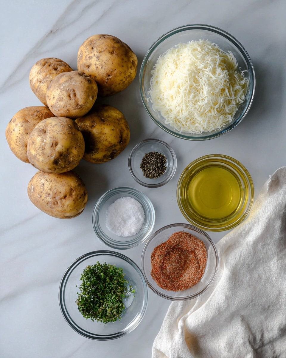 The image shows a collection of cooking ingredients placed on a white marbled surface. There are seven brown potatoes grouped together on the left side with rough textures and natural spots. To their right, there are five clear glass bowls arranged in a loose cluster: one large bowl filled with finely grated white cheese at the top left, a smaller bowl of black pepper above the center, a bowl with green chopped herbs below the pepper, a bowl of light yellow oil to the right of the herbs, and a bowl of reddish-brown seasoning at the bottom. A soft, white, crumpled cloth is visible in the bottom right corner. photo taken with an iphone --ar 4:5 --v 7