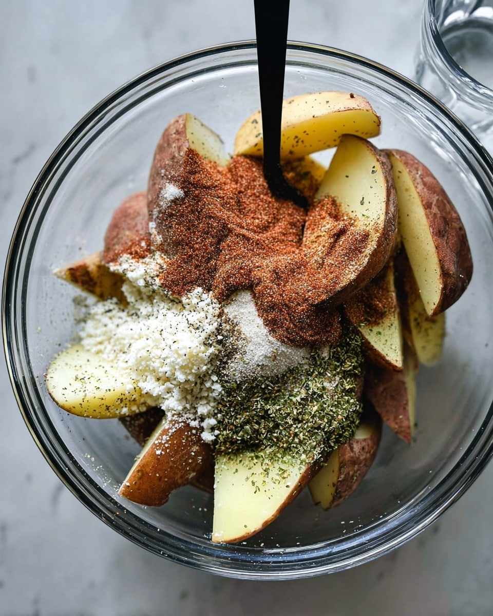 A clear glass bowl on a white marbled surface holds several potato wedges with brown skin and pale yellow inside, stacked in layers. On top of the potatoes, there are distinct layers of different powders: a reddish-brown spice, a white granular cheese, finely chopped green herbs, and a small amount of black pepper, all sprinkled evenly over the wedges. A black utensil sticks out from the bowl’s center, partially buried in the mixture. In the top right corner, a clear glass of water is partially visible. photo taken with an iphone --ar 4:5 --v 7