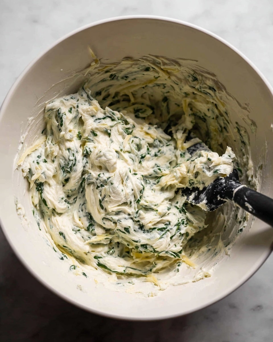 Inside a large white bowl, there is a creamy, thick mixture with two main textures and colors: white and green. The white part looks smooth and soft, like cream cheese or sour cream, evenly mixed throughout. The green parts are leafy, chopped spinach scattered all across the mix, giving little specks and patches of dark and light green. Thin strands of pale yellow cheese are also mingled within the mixture, adding a slight texture contrast. A spatula with a black handle is stirring the mix from the bottom right side of the bowl. The bowl is set on a white marbled surface. photo taken with an iphone --ar 4:5 --v 7