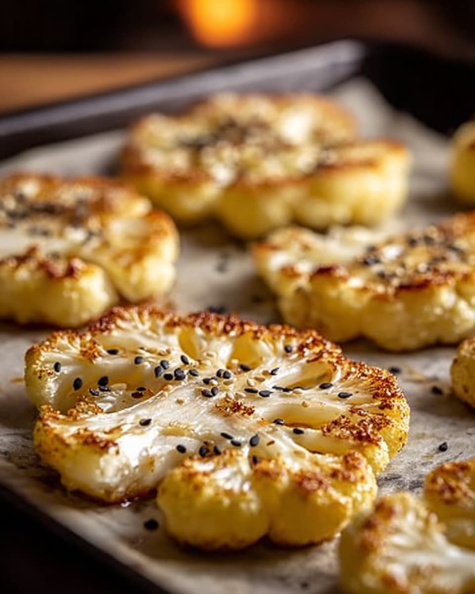The image shows several roasted cauliflower steaks arranged on a baking tray lined with parchment paper. Each cauliflower piece is sliced into thick round layers, with a creamy white center and golden-brown edges that have a slight crisp texture. Small black sesame seeds are sprinkled over the tops, adding specks of black against the warm golden tones. The background is softly blurred with warm light, emphasizing the crispy texture and the rich, toasted color of the cauliflower steaks. The photo taken with an iphone --ar 4:5 --v 7