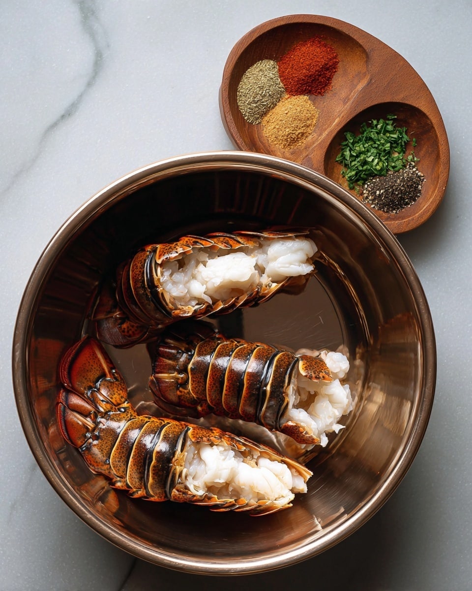 Inside a large shiny metal bowl, there are three raw lobster tails placed with their brown and orange shells facing upward, showing white meat inside each tail. Above and to the right of the bowl, a small wooden bowl contains four sections of spices: bright red powder, chopped green herbs, black pepper, and light brown granules. The bowl and spice dish are on a white marbled surface. photo taken with an iphone --ar 4:5 --v 7