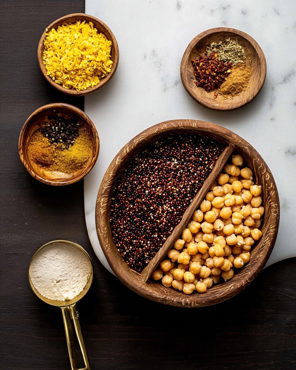 A wooden bowl divided into two sections, one side filled with dark red and black quinoa grains showing a slightly rough texture, and the other side filled with smooth, round, light yellow chickpeas; above the bowl are two smaller wooden bowls, one with bright yellow flakes and the other with various ground spices in colors like mustard yellow, dark brown, red, and black with some chili flakes; below the bowl is a golden measuring cup filled with fine white powder. All items are set on a white marbled surface. photo taken with an iphone --ar 4:5 --v 7