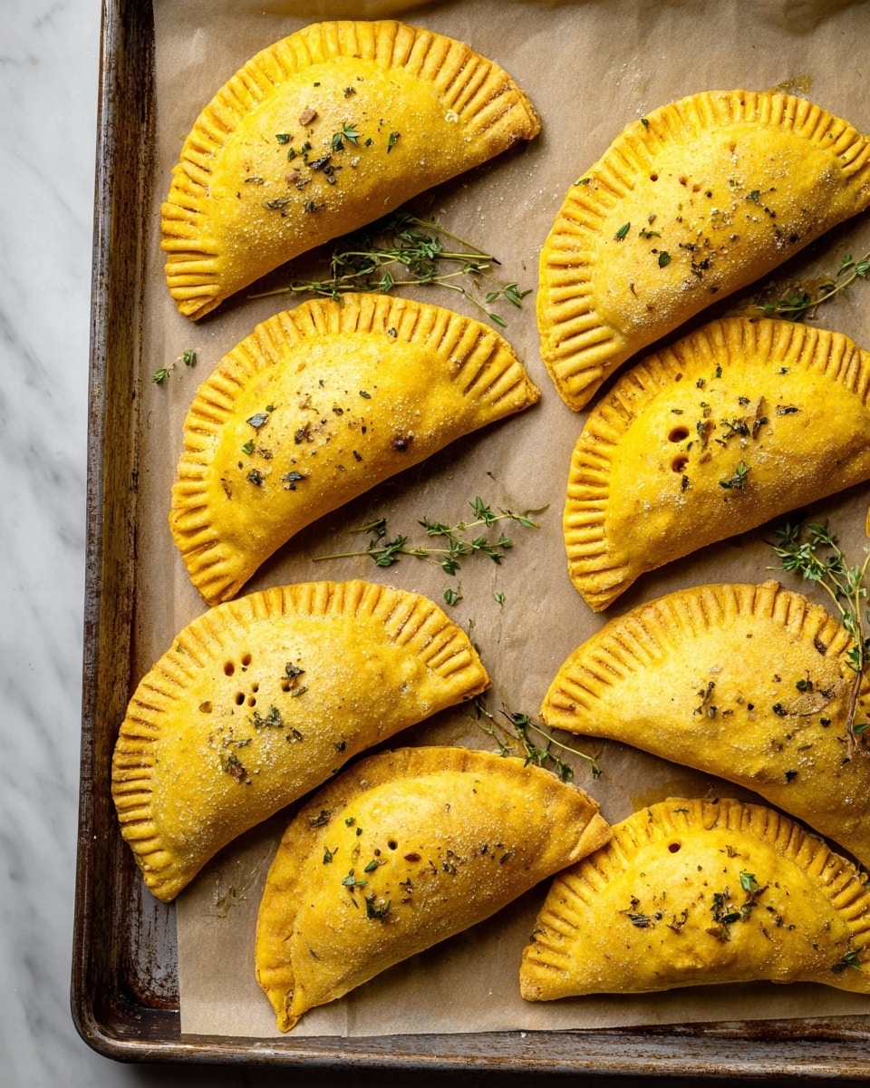 The image shows nine golden-yellow baked empanadas arranged on a baking sheet lined with parchment paper, each with a crimped edge and small holes on the top for ventilation. The empanadas have a slightly rough texture, lightly sprinkled with green herbs, and look soft but firm. Around the empanadas, small sprigs of fresh thyme add a natural touch. The baking sheet sits on a white marbled surface, giving the scene a clean and bright appearance. photo taken with an iphone --ar 4:5 --v 7