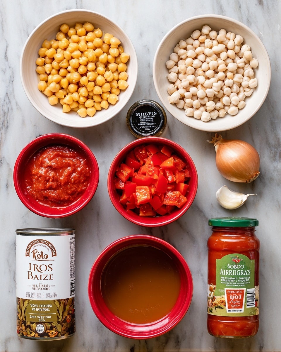 The image shows eight ingredients arranged neatly on a white marbled surface. There are two white bowls; one filled with light yellow chickpeas, and the other with light beige white beans. Two red bowls contain diced bright red tomatoes in juice, and pieces of garlic and a shallot. A small glass jar with a black lid labeled