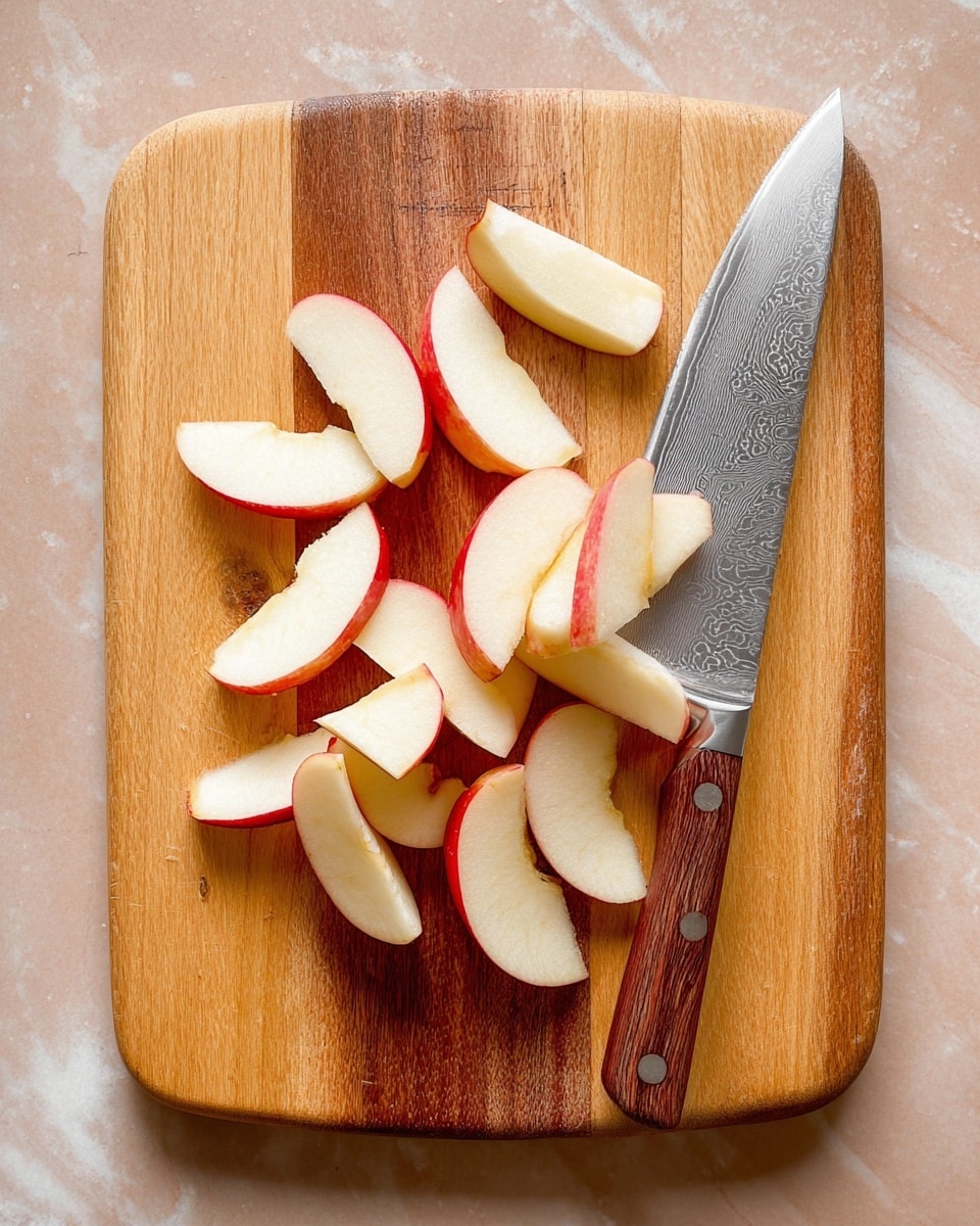 The image shows a wooden cutting board with about fifteen thin slices of apple scattered on it. The apple slices have bright red skin and pale yellow-white flesh, arranged in a casual pile mostly in the center and left side of the board. To the right of the slices lies a large knife with a wooden handle and shiny, patterned blade resting flat on the board. The cutting board has natural wood grain colors and rounded edges, placed on a white marbled surface. Photo taken with an iphone --ar 4:5 --v 7