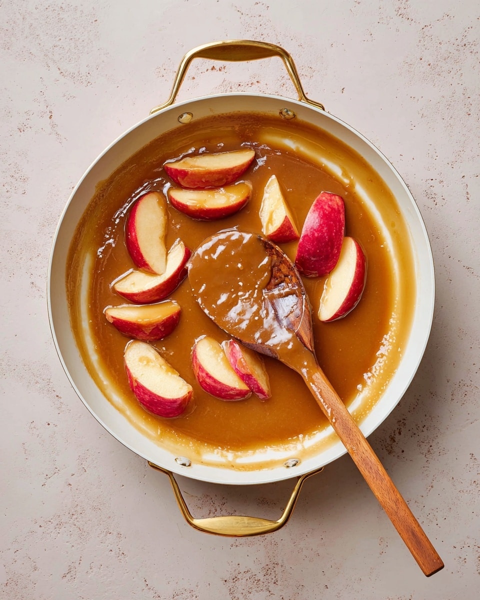 A white pan with two gold handles contains a caramel-colored sauce with sliced apple pieces cooking inside. The apple slices have red skin with a glossy texture, and they are arranged in a loose group mostly on the left side of the pan. A wooden spoon rests in the pan, its bowl covered in the caramel sauce, positioned slightly right of center and with its long handle extending out of the pan. The pan sits on a textured white marbled surface. photo taken with an iphone --ar 4:5 --v 7