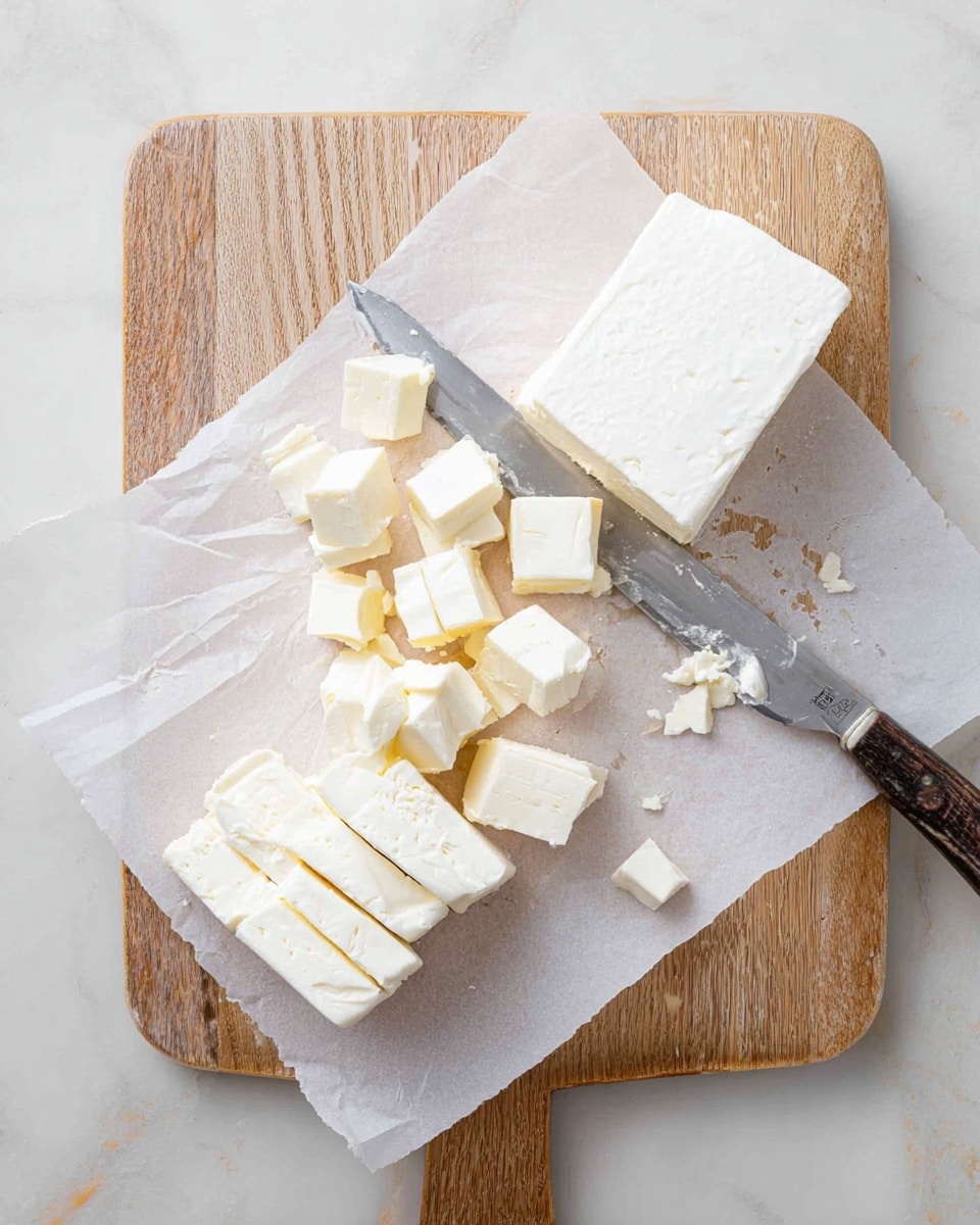 The image shows a wooden board placed on a white marbled surface. On the board, there is white parchment paper with a block of white cheese, partly sliced into thin rectangular pieces, some laying stacked while others remain attached to the block. Next to the cheese, several small white cheese cubes are scattered on the parchment paper. A knife with a silver blade and black handle rests on the board, partially over the parchment paper, with some cheese residue on the blade. The scene is brightly lit and all elements are clear and sharply focused, photo taken with an iphone --ar 4:5 --v 7