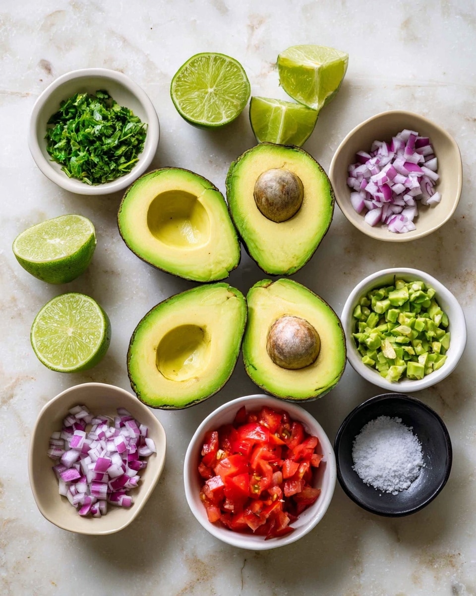 The image shows a white bowl filled with six different ingredients arranged in sections. In the top left is a pile of finely chopped green herbs, next to it on the right is a small heap of white salt. Below the salt is a portion of bright red diced tomatoes. To the bottom right is a section of finely chopped purple onions. Below that is a pile of finely chopped light green jalapeño peppers. To the bottom left is a mashed light green avocado mixture. In the center, on top of all these ingredients, is a dollop of pale yellow minced garlic. A pair of tortoiseshell-colored chopsticks rests inside the bowl on the right side. The bowl sits on a white marbled surface. Photo taken with an iphone --ar 4:5 --v 7