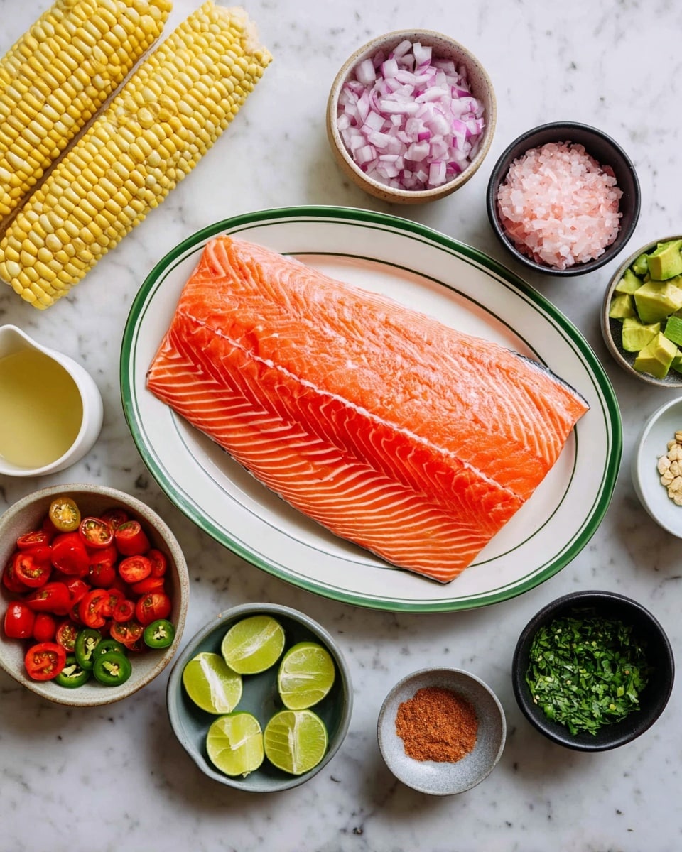 A large, raw salmon fillet with bright orange and white stripes rests in the center of a white oval plate with a green rim. Around the plate on the white marbled surface are two whole ears of pale yellow corn at the top left, finely chopped red onions in a small gray bowl below the corn, and four lime halves lined up below the onions. Small bowls and plates surround the bottom and right sides of the salmon: a small white plate with minced garlic, another small white plate with salt, a black bowl with chopped green herbs, a speckled white bowl filled with halved cherry tomatoes, a tiny green bowl with diced jalapeño, a black bowl with diced avocado, a small pink bowl with salt, a small white cup with a pale yellow liquid, and a small gray bowl filled with reddish-brown spice mix. Photo taken with an iphone --ar 4:5 --v 7