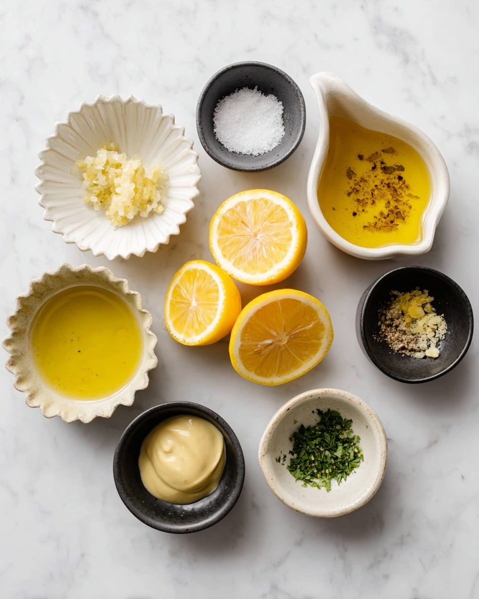 The image shows eight small white and black dishes arranged in a circle on a white marbled surface, with three lemon halves placed near the center. Starting from the top and moving clockwise: a white fluted dish with minced garlic, a small black bowl with coarse salt, a small beige bowl holding yellow lemon zest, a white spouted bowl filled with yellow oil with black specks, a white fluted dish containing light honey, a small black bowl with creamy mustard, and a small white marble bowl with green chopped herbs. The three lemon halves are bright yellow with a juicy, translucent texture, placed close together in the middle. Photo taken with an iphone --ar 4:5 --v 7