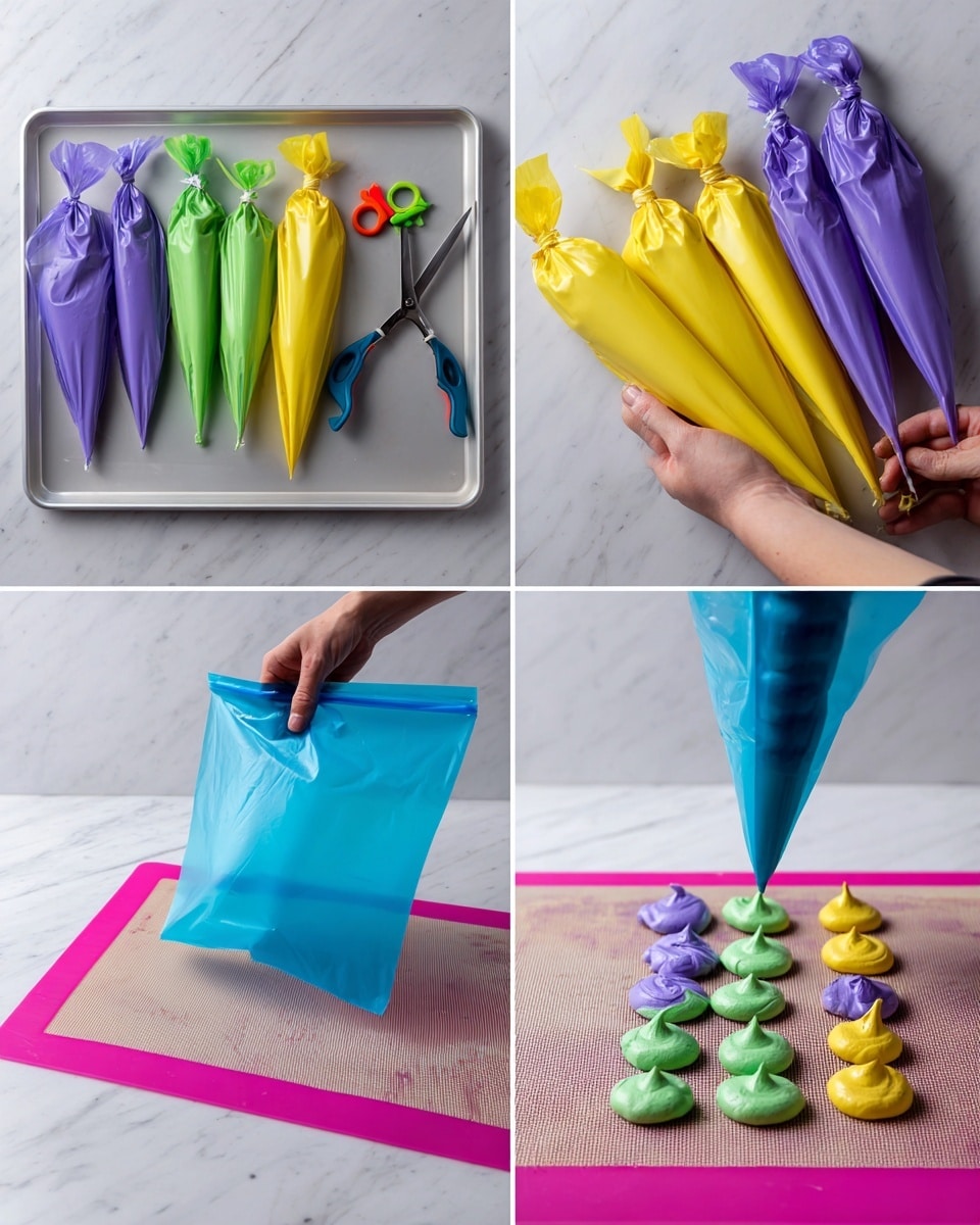 The series of images show a step-by-step process of making multicolored piped meringue or batter. The first shows three piping bags filled with bright green, deep purple, and vibrant yellow batter, each tied at the top with colored fasteners, while a woman's hand holds scissors, ready to cut the tip of the yellow bag. The second image shows a woman's hand holding the three piping bags together inside a larger blue piping bag, preparing to combine the colors. The third image shows a close-up of a woman's hand squeezing the large blue piping bag, creating small, round dollops of swirled green, purple, and yellow batter on a pink-bordered silicone baking mat laid over a white rectangular tray. The surface underneath is a white marbled texture. photo taken with an iphone --ar 4:5 --v 7