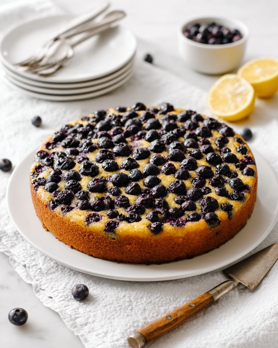 A single slice of blueberry cake on a white plate shows a thick, golden-yellow cake layer with dark purple blueberries spread throughout and on top. The cake has a soft, moist texture with visible berry juices in some spots, especially near the top where the blueberries create a dotted pattern. Behind the slice, the rest of the round cake is on another white plate, with one slice missing. A silver fork lies next to the slice on the plate. The setup is on a white marbled surface with a white cloth in the background. Photo taken with an iphone --ar 4:5 --v 7