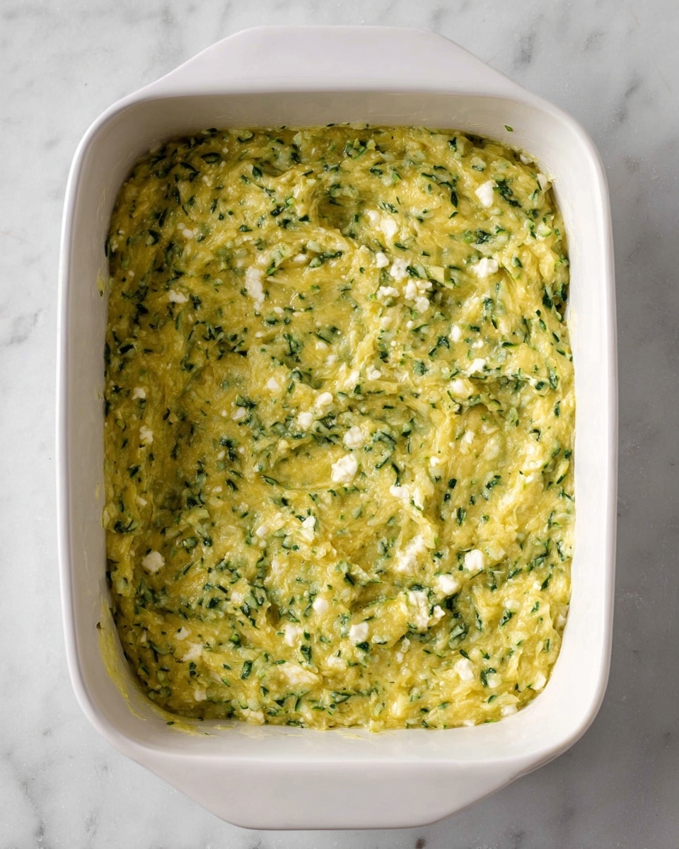 A white baking dish is filled with one thick layer of a mixture that is yellow-green in color, showing grated zucchini and small white curds of cheese throughout. The texture looks wet and slightly chunky, with small bits of herbs scattered all over, adding green specks to the surface. The dish sits on a white marbled texture background, and the mixture fills the dish evenly up to the edges. photo taken with an iphone --ar 4:5 --v 7