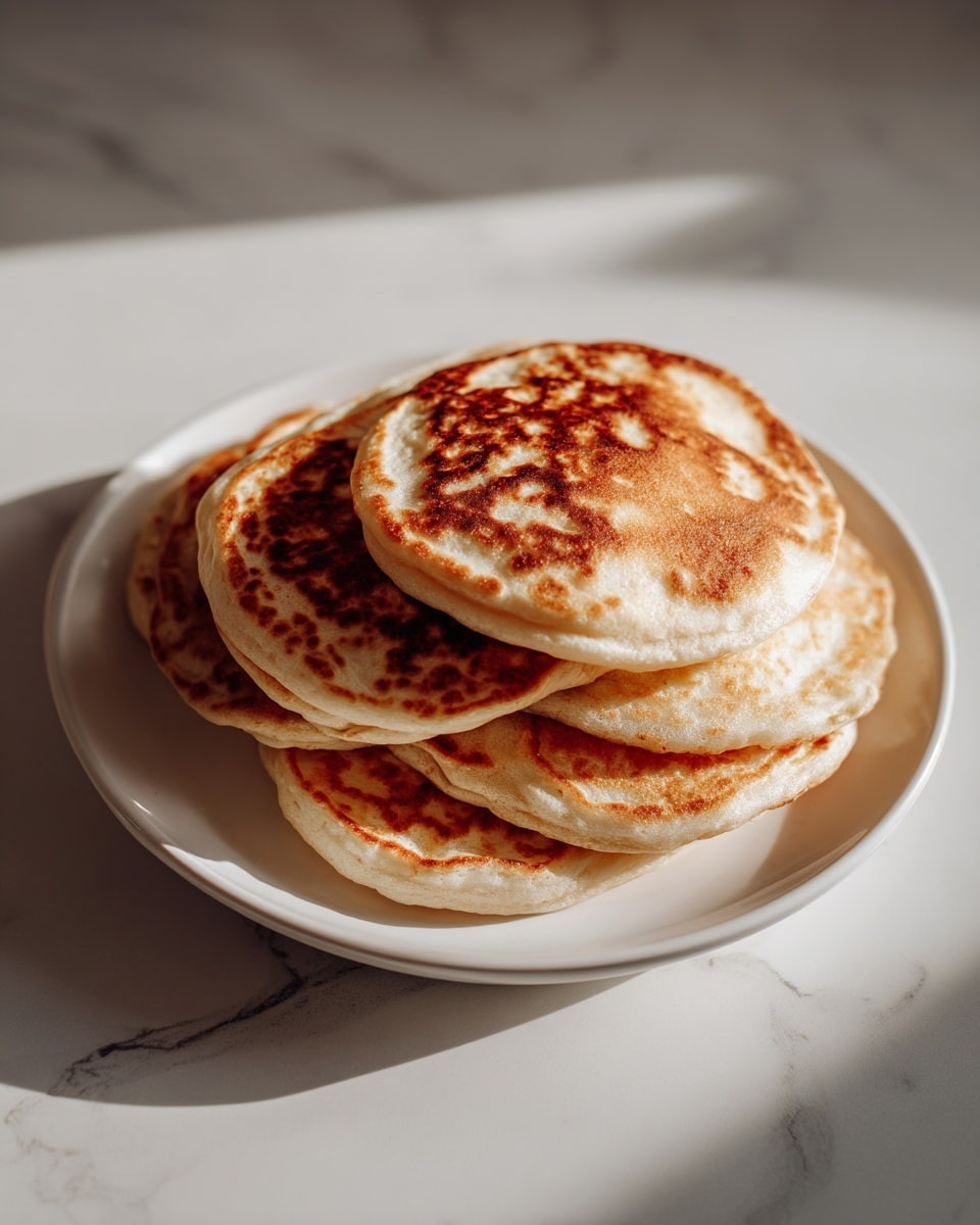 A stack of six thick pancakes with a light golden-brown color sits on a white plate on top of a white marbled surface. The pancakes are filled with melted dark chocolate chips that create dark brown spots inside. On top of the stack, there is creamy light brown sauce dripping down the sides, fresh blueberries, and banana slices arranged neatly. More banana slices and blueberries are scattered on the plate around the pancakes. A silver fork rests on the edge of the plate near the fruit. Behind the plate, a white pitcher and a gray cloth add soft background details. photo taken with an iphone --ar 4:5 --v 7
