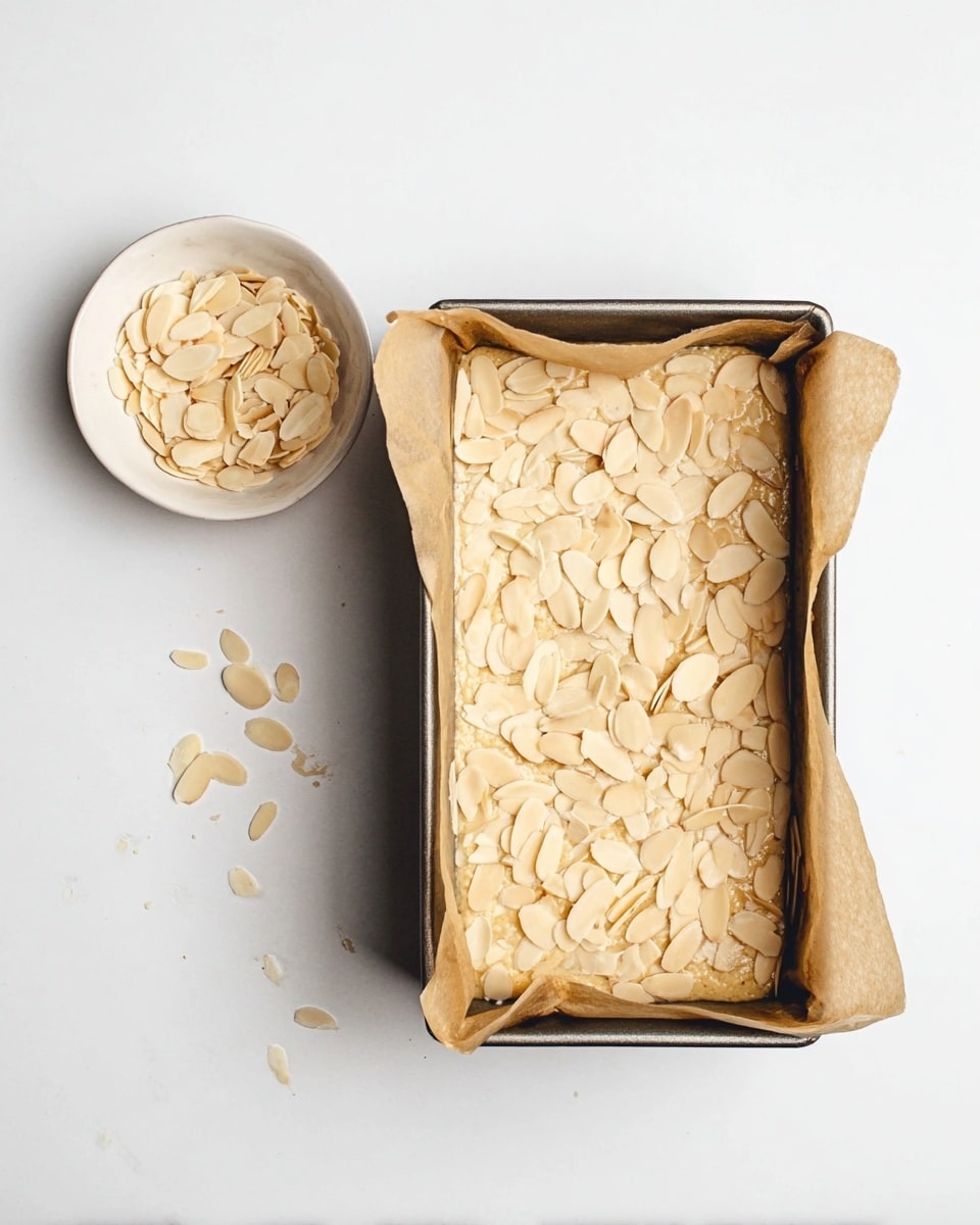 A rectangular loaf cake sits on a wooden board on a white marbled surface, topped with a thick layer of sliced almonds covering the whole top. The cake itself is light brown with a slightly coarse texture visible on the cut side. Two lemon slices rest to the left of the cake, while one lemon slice is placed to the right, near the edge of the board. A whole bright yellow lemon is in the background. A dark blue cloth is partially visible on the left side, and a serrated knife lies on the right side of the board. Photo taken with an iphone --ar 4:5 --v 7
