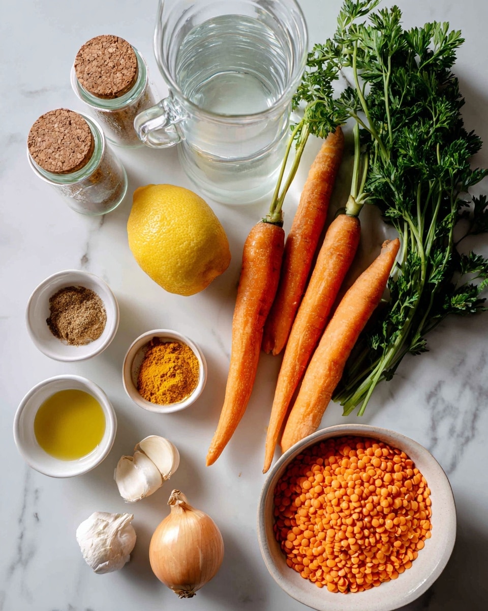 A collection of fresh and dry ingredients is spread on a white marbled surface, including a white bowl filled with bright orange lentils in the bottom right corner, three whole orange carrots with green tops placed above the lentils, a whole light brown onion near the center, and three cloves of garlic below the onion. To the left, a whole yellow lemon and a half lemon with a cut side facing up are shown. Two small white bowls hold yellow turmeric powder and brown spice powder, located above the carrots. A bunch of green parsley rests in the top right corner, and a glass bottle with a cork top contains olive oil near the parsley. Two small glass jars with cork lids stand on the left side, next to a clear glass pitcher filled with water. All items are arranged neatly on the surface, with soft natural lighting. Photo taken with an iphone --ar 4:5 --v 7