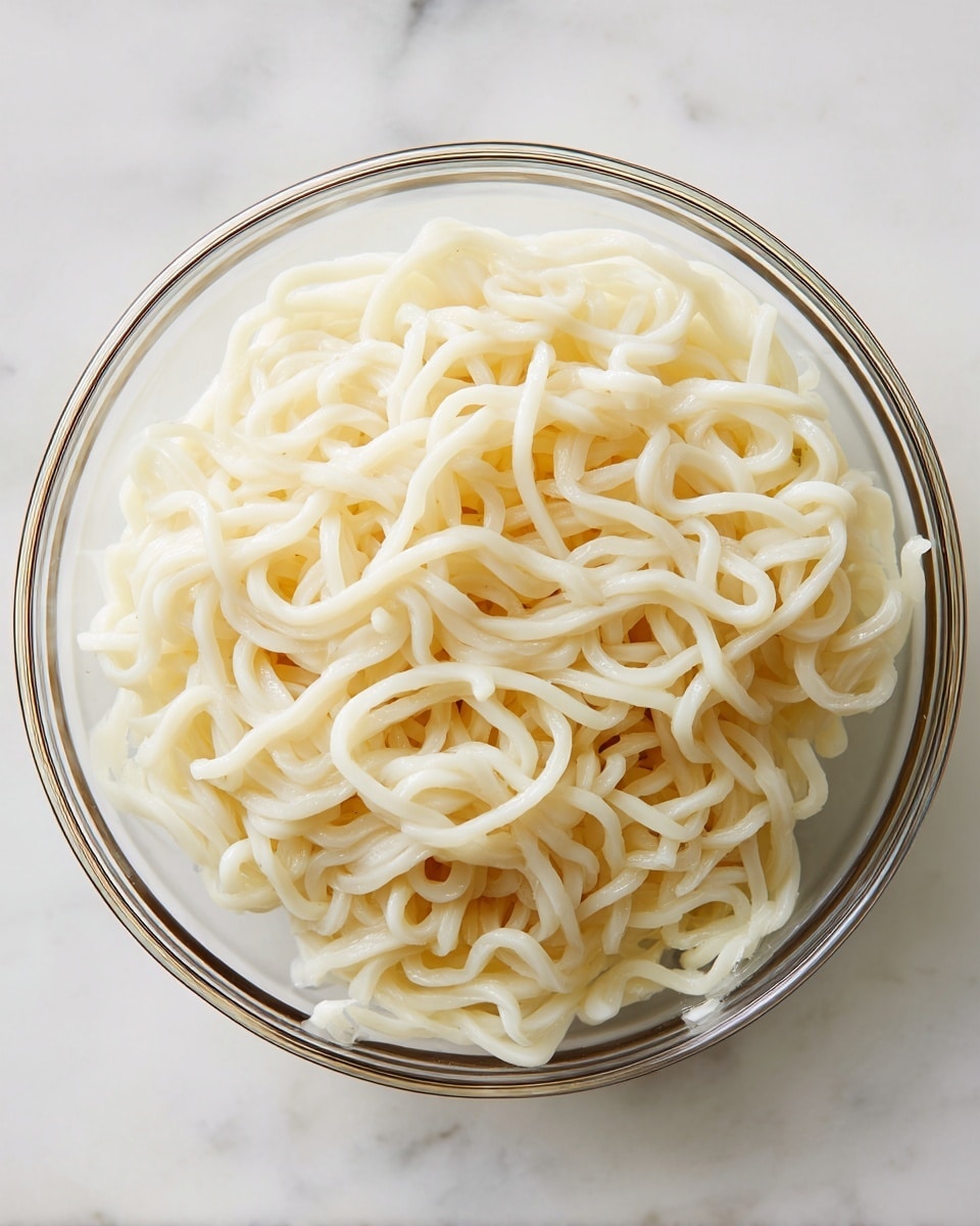 A clear glass bowl filled with plain cooked udon noodles is shown. The noodles are thick, smooth, and pale off-white in color, loosely piled inside the bowl with some overlapping curls and loops. The bowl sits on a white marbled surface, which adds a clean and simple background to the image. The noodles have a soft, slightly glossy texture and fill most of the bowl's space. photo taken with an iphone --ar 4:5 --v 7