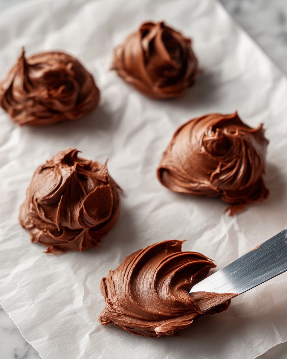 The image shows several blobs of creamy chocolate spread on white parchment paper placed on a white marbled surface. The blobs vary in size, with some larger and some smaller, all having smooth textures but uneven, swirled tops. In the foreground, there is a knife spreading more of the chocolate, its blade shiny and clean. The chocolate looks thick and rich, and the layers mostly blend into the white parchment paper below. The overall scene has soft lighting that highlights the shine on the chocolate. photo taken with an iphone --ar 4:5 --v 7