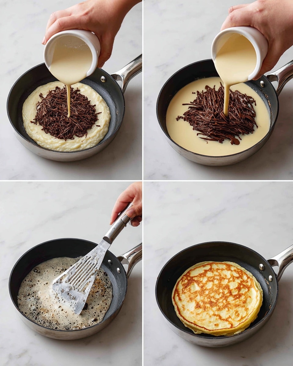 The image shows a four-step process of making a pancake in a black pan on a white marbled surface. In the first step, a woman's hand holds a white measuring cup and pours light beige batter over a pile of thick, dark brown chocolate spread in the center of the pan. The second step shows a woman's hand pouring more of the same light beige batter into the pan. The third step shows the pancake cooking with bubbles on the light beige surface, and a metal spatula lifting the pancake from the side. The final step shows the pancake cooked to a light golden brown on the top side, sitting alone in the pan. photo taken with an iphone --ar 4:5 --v 7