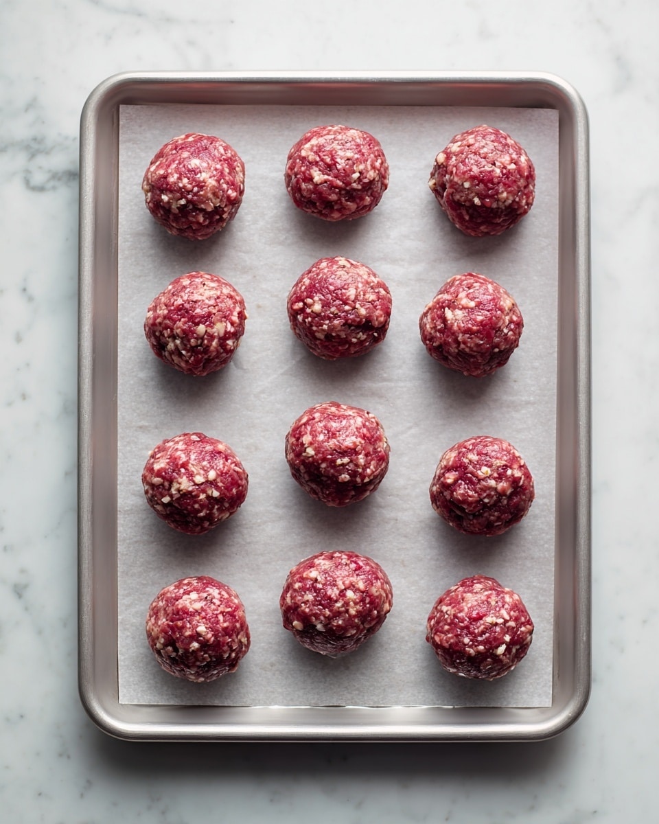 The image shows a close-up view of a white pan filled with many round meatballs covered in a thick brown sauce with small chunks of onions. The sauce glistens and looks rich. The meatballs are dark brown with a slightly rough texture and are scattered evenly across the pan. Some chopped green herbs are sprinkled on top, adding a fresh contrast to the brown colors. A silver spoon is lifting a few meatballs from the pan. The background is a white marbled surface. photo taken with an iphone --ar 4:5 --v 7
