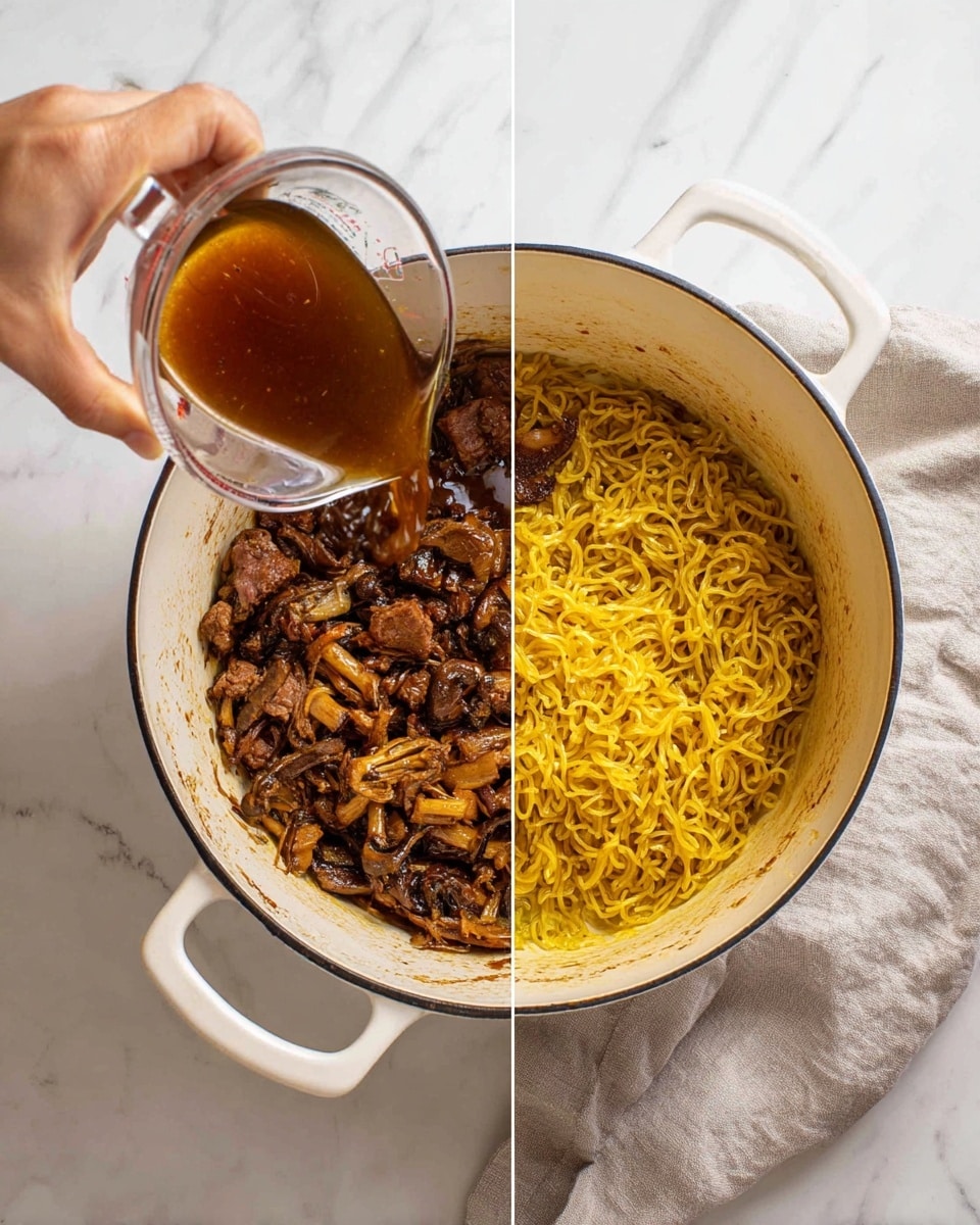 The image shows two scenes side by side with a white enamel pot on a white marbled surface. On the left, a woman's hand is pouring brown liquid from a clear measuring cup into the pot, which has some brown bits on the sides. On the right, the same pot is divided into two layers: on the left side, there are browned beef chunks mixed with browned mushrooms, and on the right side, there is a layer of yellow cooked egg noodles. The pot rests on a light gray cloth. Photo taken with an iphone --ar 4:5 --v 7
