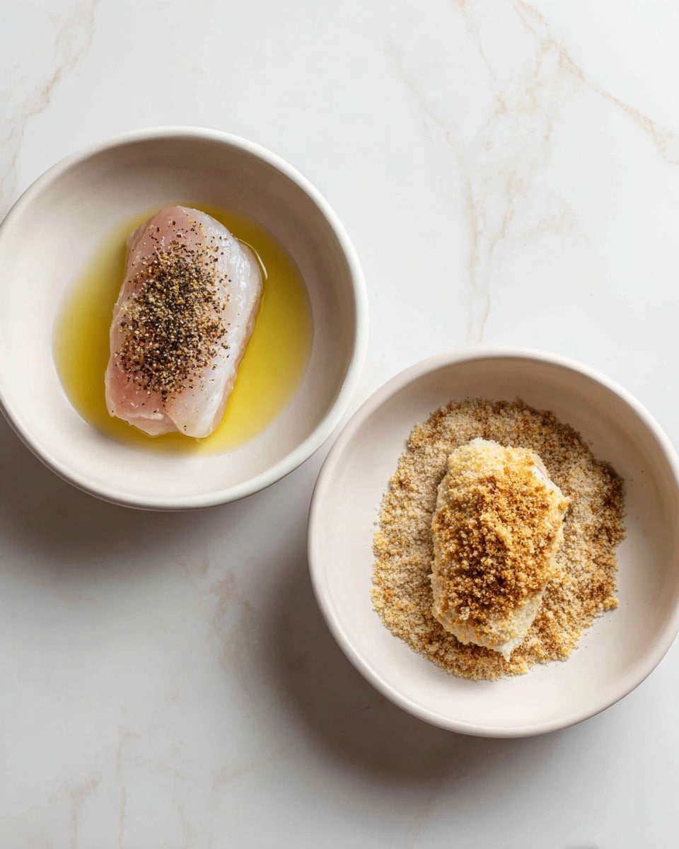 The image shows two side-by-side close-up shots of preparing a dish. On the left, there is a single raw piece of meat, pale pink with black pepper on top, sitting in a shallow white bowl filled partially with a yellow liquid. On the right, the same piece of meat is now coated in a layer of light brown breadcrumbs, lying in a shallow white bowl filled with more breadcrumbs. Both bowls rest on a white marbled surface. Photo taken with an iphone --ar 4:5 --v 7