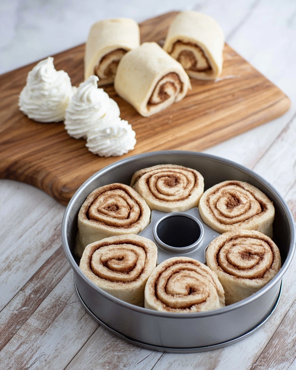 The image shows five thick cinnamon rolls arranged inside a dark gray bundt pan at the bottom right, each with swirled layers of light beige dough and brown cinnamon filling. Behind the pan, five more cinnamon rolls are stacked on a light wooden cutting board, showing their round shapes with the same swirl pattern. Two small white round containers, likely holding white frosting, are placed next to the cutting board at the top right. The scene is set on a white marbled surface with a subtle wood texture visible underneath the cutting board. Photo taken with an iphone --ar 4:5 --v 7
