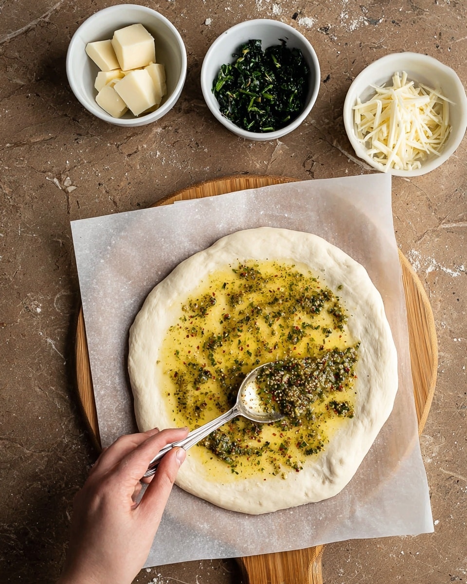 A round pizza with a thick, golden-brown crust sits on top of white parchment paper on a wooden board. The pizza is sliced into six triangular pieces, with one slice slightly pulled away from the main circle. The base layer is melted white cheese, smooth and creamy, covering the entire pizza. On top, there are green wilted spinach leaves scattered evenly and slices of light yellow artichoke hearts with a soft texture. Small fresh basil leaves are spread over the pizza, adding vibrant green spots. The pizza is sprinkled lightly with black pepper and small red chili flakes. A dark-handled knife is placed beside the pizza on the board, and a glass with olive oil sits in the top-left corner. The surface underneath is a white marbled texture. photo taken with an iphone --ar 4:5 --v 7