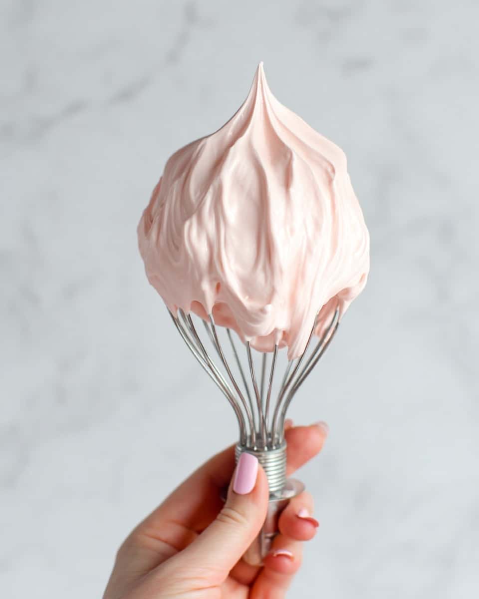 A close-up image shows a woman's hand holding a metal whisk covered with thick, light pink whipped cream with a peak at the top. The whipped cream looks soft and smooth with gentle folds, and the metal whisk is visible underneath the cream. The background is a simple white marbled texture, and the woman's nails are painted a pale pink color. photo taken with an iphone --ar 4:5 --v 7