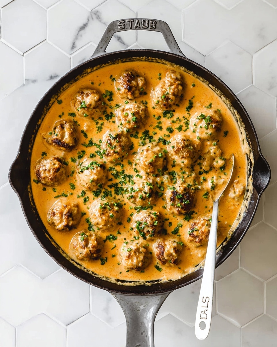 A white plate filled with a smooth, creamy layer of pale yellow mashed potatoes spread evenly as the base. On top, there are seven round meatballs covered in a light brown gravy, with small green herb bits sprinkled over them. One meatball is broken open, showing a soft, textured interior, with a silver fork leaning against it. The plate rests on a white marbled surface, with a green plant leaf seen in the upper left corner. photo taken with an iphone --ar 4:5 --v 7