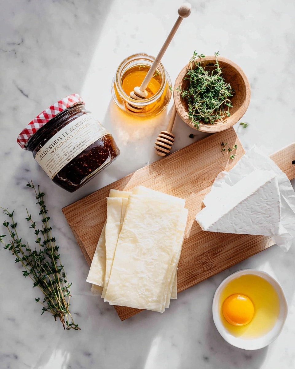 The image shows ingredients for cooking arranged on a white marbled surface: a jar of dark brown fig preserves with a red and white checkered lid on the left, next to a small wooden honey dipper resting on an open glass jar filled with golden honey; above them is a small round wooden bowl holding fresh green thyme sprigs. To the right, there is a wooden board with a rectangle of pale puff pastry sheets stacked one on top of another, and a white wedge of soft cheese partially wrapped in white paper with a yellow inside edge, placed on the board. At the bottom right corner, there is a white bowl with a bright yellow egg yolk in it. The whole setup is lit with soft natural light and looks fresh and inviting. photo taken with an iphone --ar 4:5 --v 7