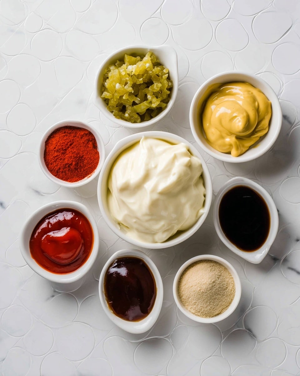 The image shows seven small white bowls placed on a white marbled surface with circular patterns. In the center is a bowl full of thick, creamy white mayonnaise. Around it, starting from the top right and moving clockwise, there is a bowl filled with smooth yellow mustard, a bowl with a chunky green relish, a bowl filled with glossy deep red ketchup, a bowl with dark brown soy sauce, a bowl holding bright red paprika powder, and finally a bowl with light brown dry seasoning powder. Each bowl is filled nearly to the top, showing a clear view of the different colors and textures of the sauces and spices. Photo taken with an iphone --ar 4:5 --v 7