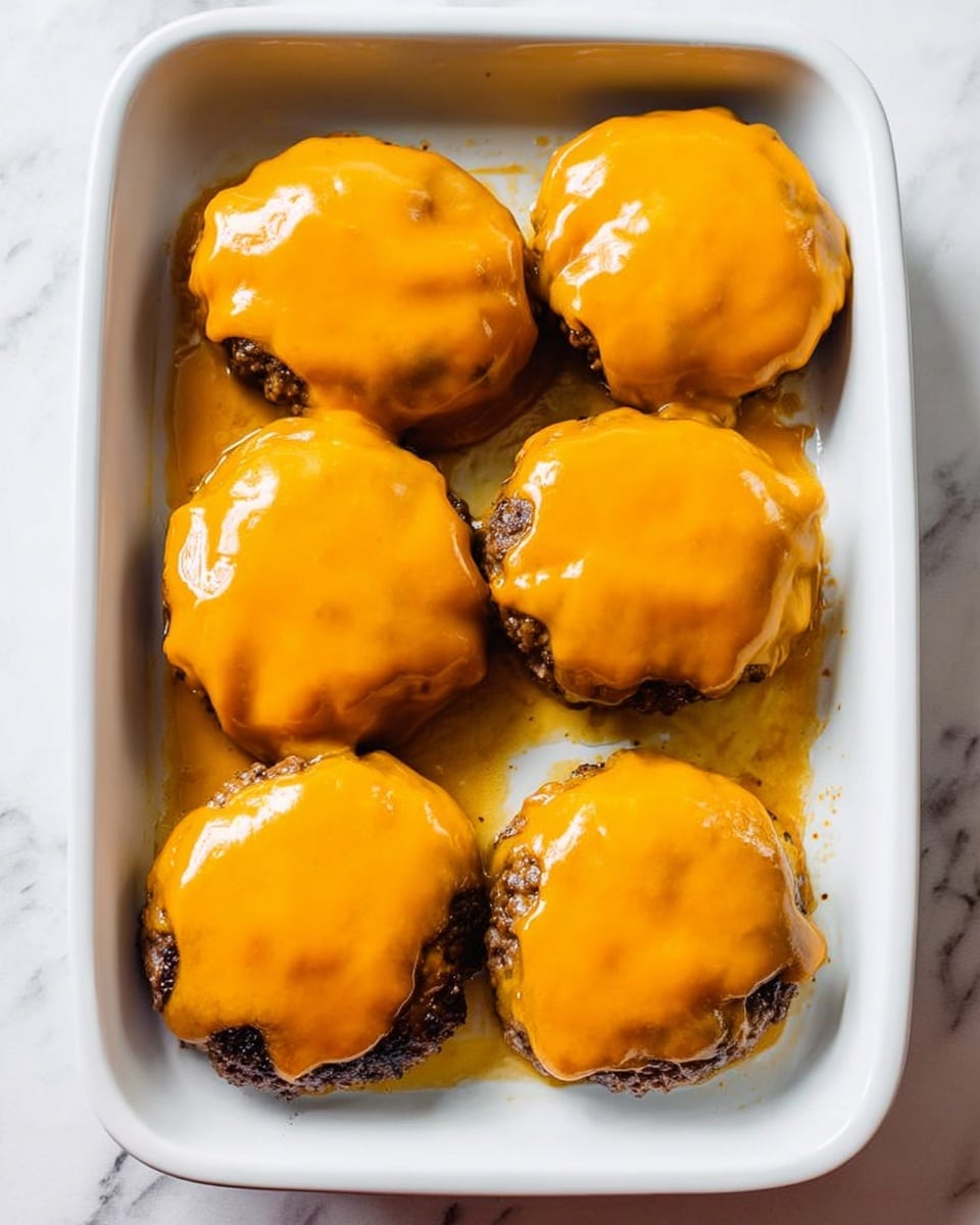 A white rectangular dish holds six cooked burger patties, each topped with a single layer of melted bright orange cheese that covers the patties almost fully, showing some slight bubbling and sheen. The dark brown patties underneath the cheese contrast with the smooth, shiny cheese layer, and small bits of cooking juice and grease pool at the bottom of the dish. The dish is set on a white marbled surface. photo taken with an iphone --ar 4:5 --v 7