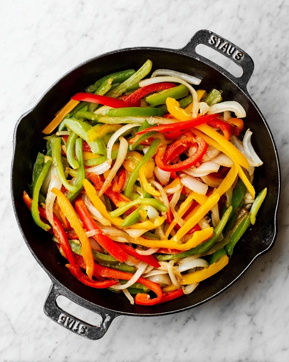 The image shows a black cast iron pan filled with sauteed vegetables, mostly thin strips of red, green, and yellow bell peppers mixed with white onion slices. The vegetables are spread evenly in one layer inside the pan, showing a mix of bright colors and soft textures from cooking. The pan is placed on a white marbled surface, and its handle is visible with the brand name
