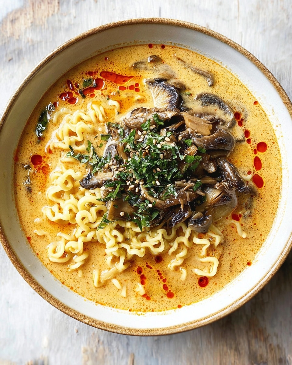 A white bowl filled with three layers: the bottom layer is creamy, light orange soup with red oil drops on the surface, the middle layer shows yellowish curled noodles soaking in the soup, and the top layer has a small heap of cooked mixed mushrooms sprinkled with green chopped herbs and white and black sesame seeds, all on a white marbled texture. photo taken with an iphone --ar 4:5 --v 7