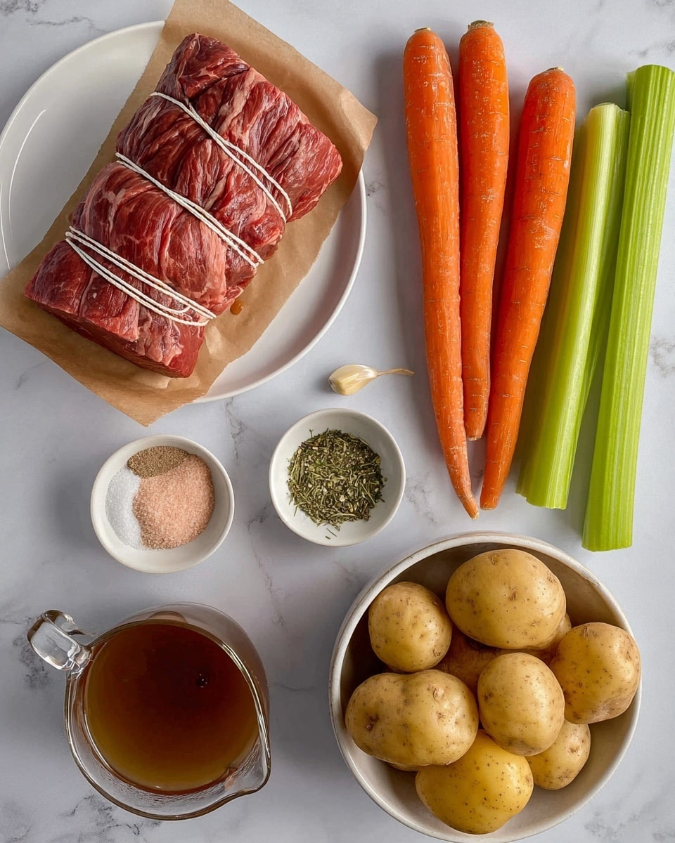 The image shows a white plate with three main layers of food. The bottom layer is a pool of shiny brown sauce spreading across the plate. On top of this sauce, there are soft, orange carrot pieces cut into long chunks, yellow-brown potato pieces, and dark brown, shredded meat that looks tender and juicy. The meat has some green herb bits sprinkled over it, giving a fresh touch. Near the edge of the plate, there is a gold fork and spoon resting side by side. The plate sits on a beige and white striped cloth placed on a white marbled surface. In the background, there is a white dish with more meat and vegetables, and a small bowl with green herbs on the right side. Photo taken with an iphone --ar 4:5 --v 7