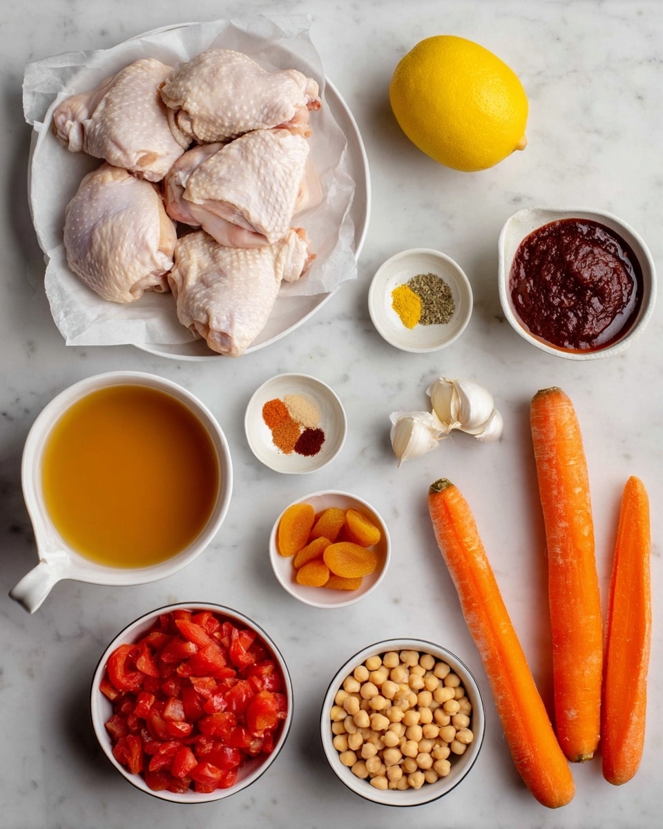 A white bowl filled with a base layer of light yellow couscous, topped with a thick, chunky tomato sauce mixed with bright yellow chickpeas and small pieces of orange carrots. The sauce covers a piece of cooked chicken underneath, and fresh green herb bits are sprinkled on top. Two thin lemon wedges rest on the side of the couscous inside the bowl. The bowl is set on a white marbled surface, with parts of other white bowls and a wooden bowl in the background. Photo taken with an iphone --ar 4:5 --v 7