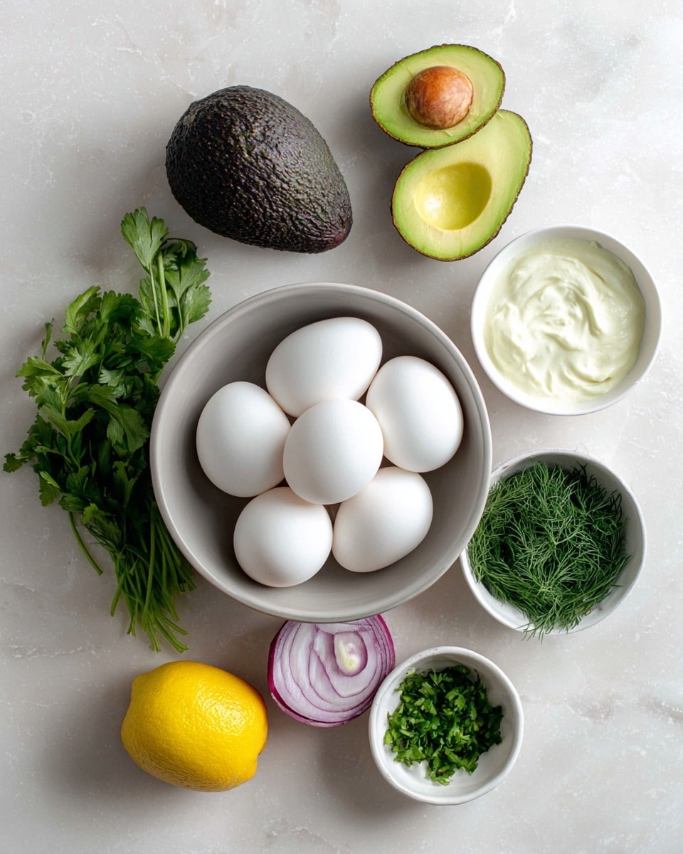 The image shows a close-up side view of a sandwich cut into two triangular halves stacked on top of each other and held together with a toothpick. The sandwich has three layers of brown whole grain bread with visible seeds in the crust. Between the bread layers, there are two thick layers of green avocado egg salad mixed with small pieces of white boiled egg and purple onion. Each filling layer is topped with bright green leafy lettuce. The sandwich sits on a plain white plate set on a white marbled surface with a soft blur background. Photo taken with an iphone --ar 4:5 --v 7