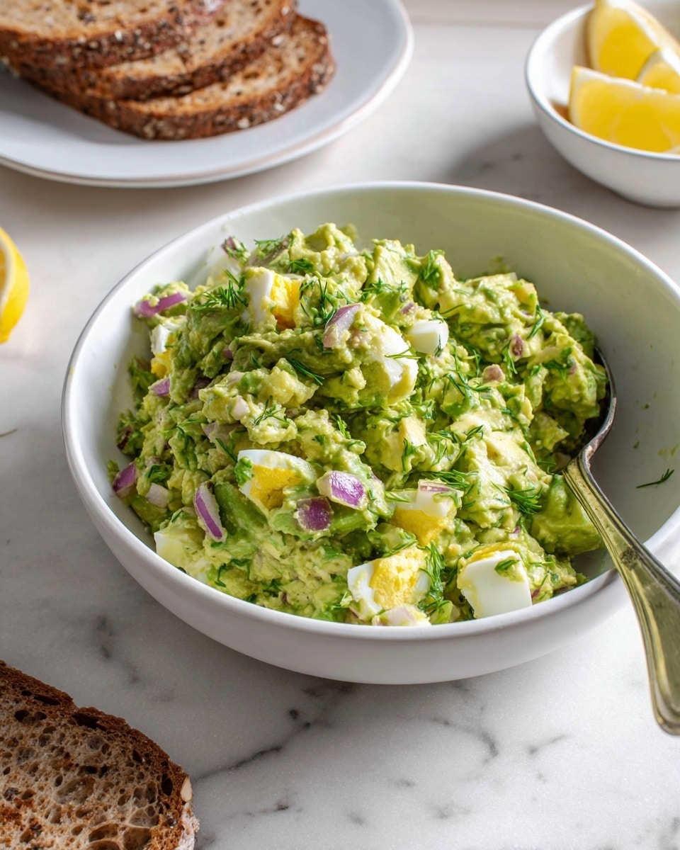 The image shows eight white eggs softly placed in a grey bowl in the center on a white marbled surface. To the top left of the eggs, there is one whole dark green avocado with bumpy skin, and next to it are two halves of a bright green avocado, one with the brown seed in the middle. On the top right, there is a small white bowl with a creamy white sauce and a half purple onion. Below the eggs, on the left side, there is a whole bright yellow lemon. To the right of the lemon, a small white bowl is filled with fresh green parsley leaves. Above that, there is another small white bowl with finely chopped green dill. The colors are soft and natural, and everything is placed neatly with space in between on the white marbled surface. photo taken with an iphone --ar 4:5 --v 7